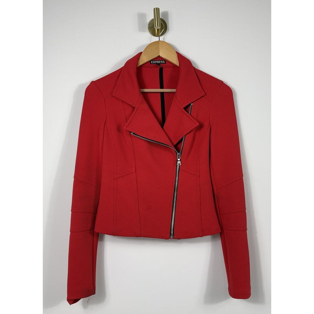 Express Red Moto Jacket Women XS Textured Knit Zip Front